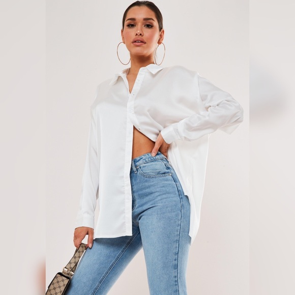 White Button Down Satin Shirt - Picture 2 of 8